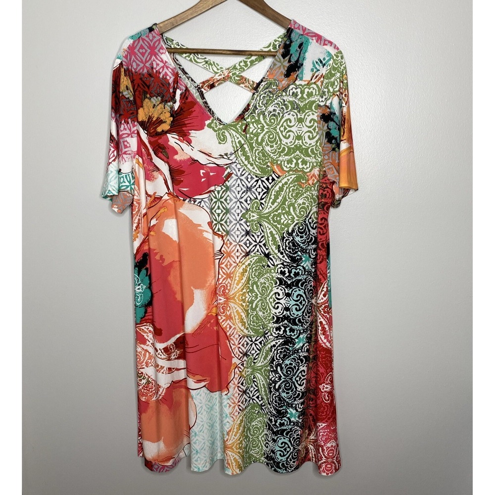 Chico's Women's Dress Size 3P Petite Stretchy Watercolor Floral Cross Back